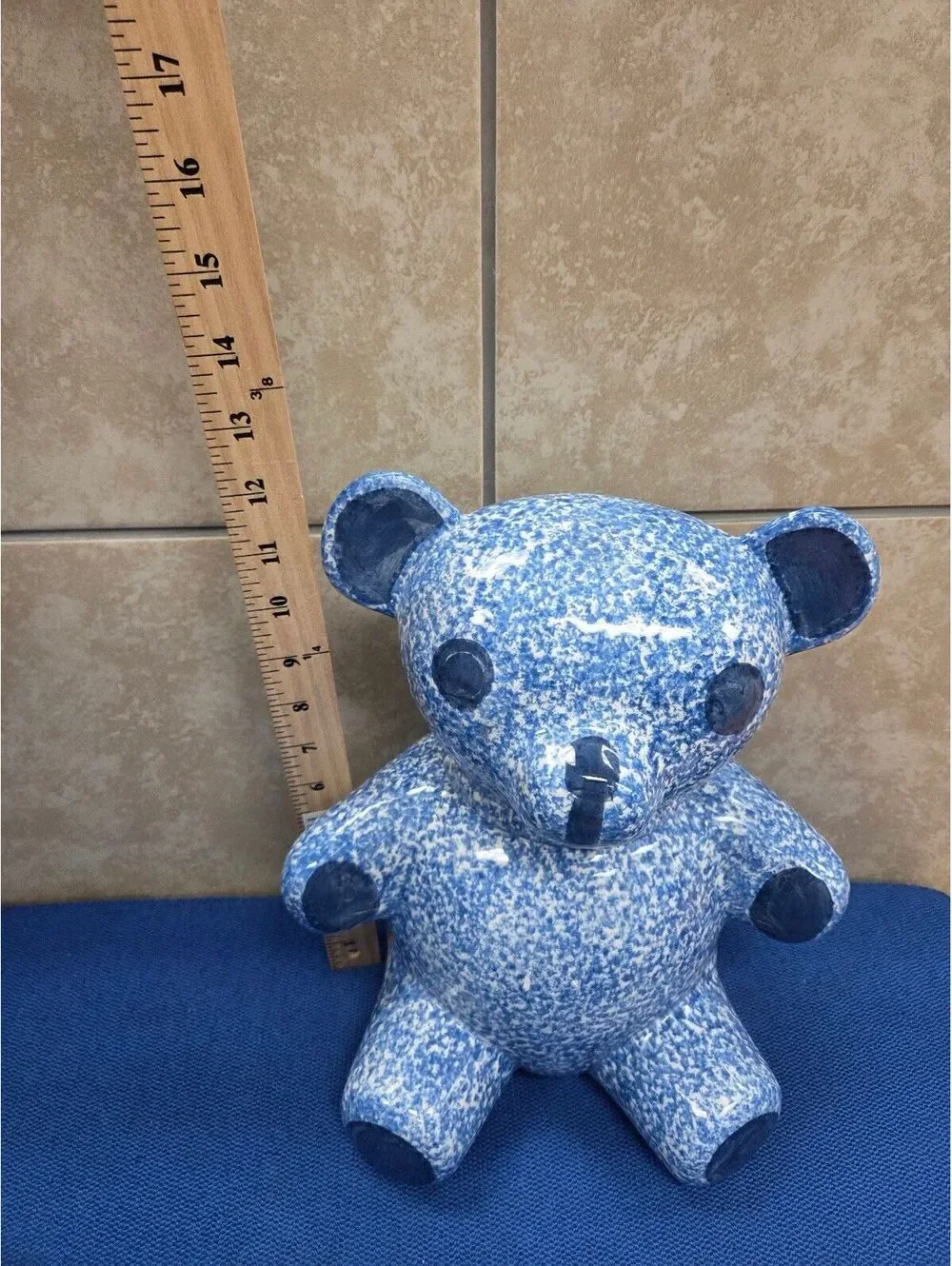 Vintage 1970s N.S. Gustin Blue Spongeware Teddy Bear Cookie Jar Hand Decorated